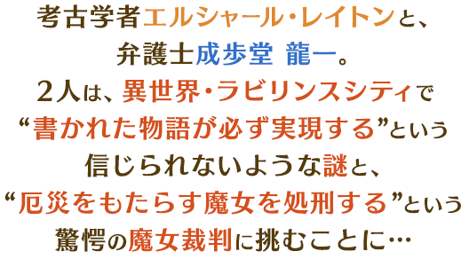 考古学者エルシャール・レイトンと、弁護士成歩堂 龍一。２人は、異世界・ラビリンスシティで書かれた物語が必ず実現するという信じられないような謎と、厄災をもたらす魔女を処刑するという驚愕の魔女裁判に挑むことに…