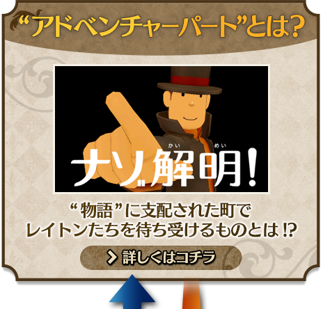 “アドベンチャーパート”とは？／“物語”に支配された町で レイトンたちを待ち受けるものとは!? - 詳しくはコチラ