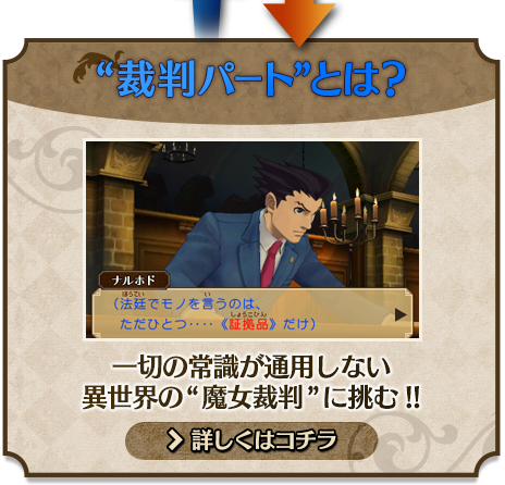  “裁判パート”とは？／一切の常識が通用しない
異世界の“魔女裁判”に挑む!! - 詳しくはコチラ