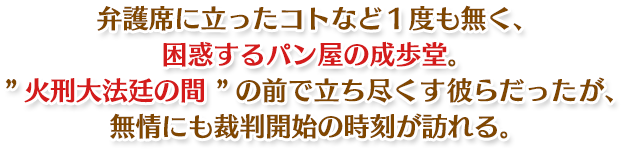 弁護席に立ったコトなど１度も無く、困惑するパン屋の成歩堂。”火刑大法廷の間”の前で立ち尽くす彼らだったが、無情にも裁判開始の時刻が訪れる。